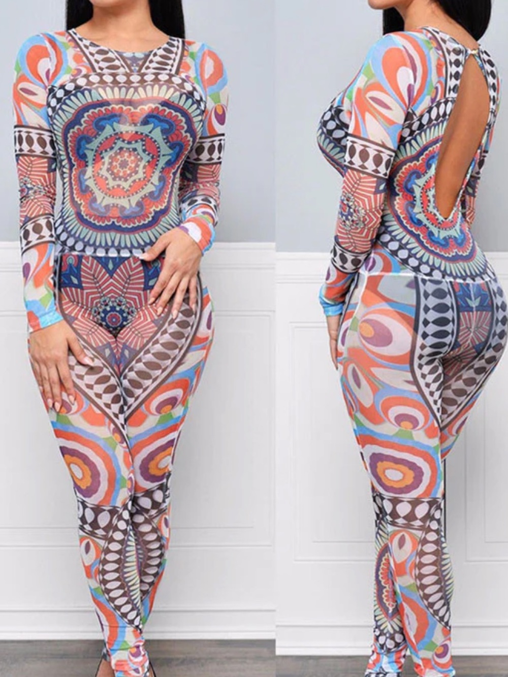Topia Multicolor Aztec Mesh Backless Jumpsuit